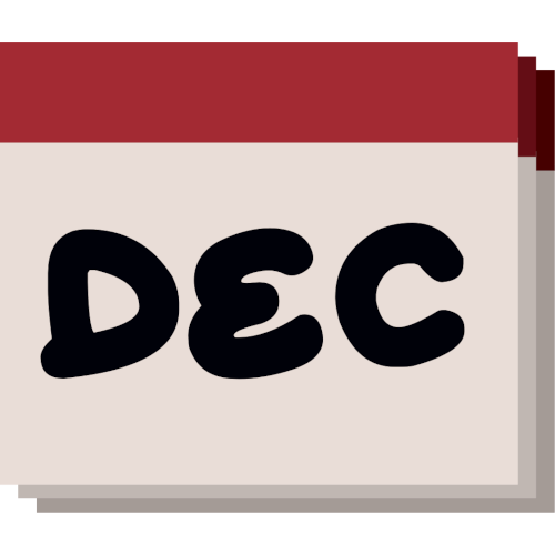 A simple, stylized representation of a calendar page. The main section of the calendar is a light gray square with the letters 'DEC' printed in large, bold, black font, indicating the month of December. Above this, there is a horizontal maroon header. Behind the front page, there are two additional pages slightly offset to the right and down.